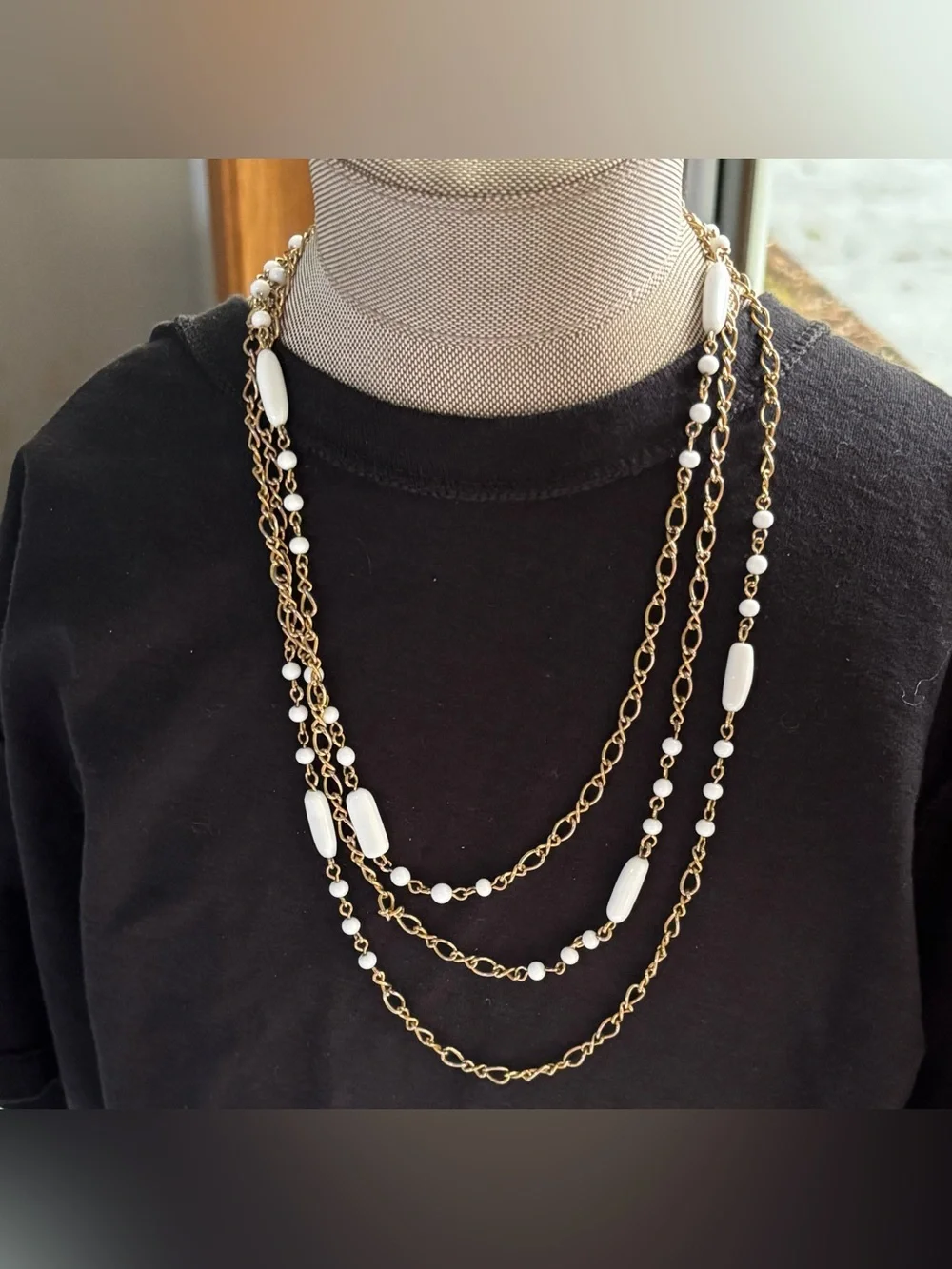 Vintage 1960s Uranium Custard Glass Milk Glass Long Gold Tone Station Necklace